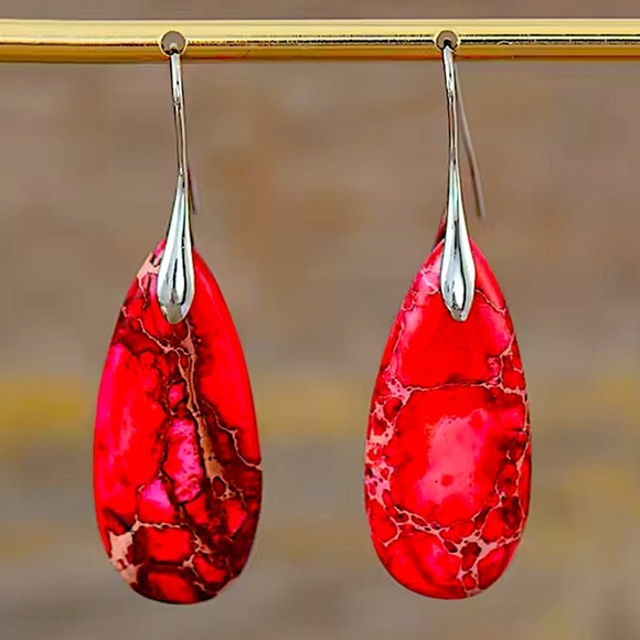 Handcrafted Imperial Red Natural Stone Earrings Silver - Picture 2 of 2